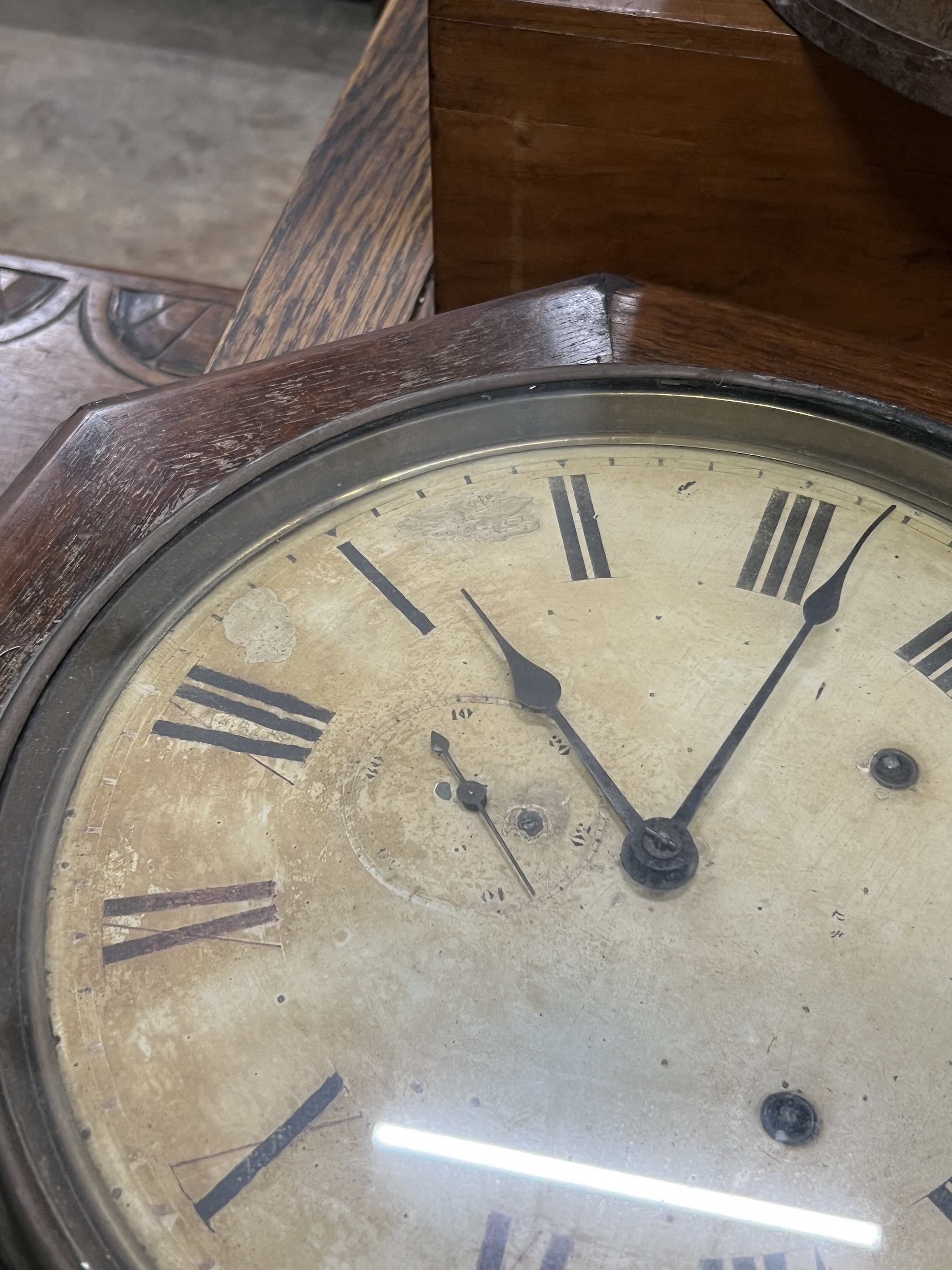 A Chinese staved wood rice bucket, height 56cm, an American drop dial wall clock and a Victorian mahogany stationary box